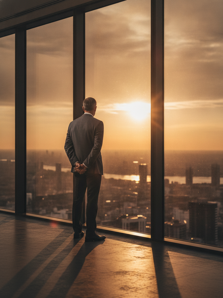 Senior executive overlooking a city skyline